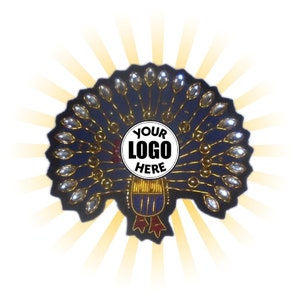 May include: A blue peacock design with gold and white accents. The peacock has a white circle in the center with the text "YOUR LOGO HERE".