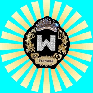 May include: A black and gold crest with a large letter W adorned with rhinestones. The crest is topped with a crown of pearls and the word "Princess" is written on a banner below the letter. The crest is set against a background of yellow sun rays on a turquoise blue background.