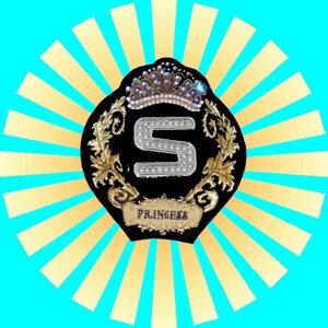 May include: A black emblem with a diamond-studded letter "S" and a crown. The emblem is surrounded by gold filigree and the word "PRINCESS" on a banner. The background features gold rays on a turquoise field.