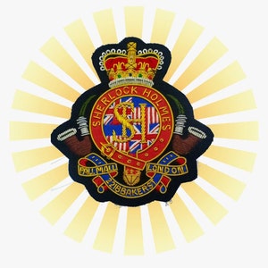 May include: A black embroidered patch with a gold crown, the text "SHERLOCK HOLMES", and the text "PALL MALL 221B BAKER ST LONDON". The patch features a red, white, and blue design with a gold anchor and a pair of crossed pipes.