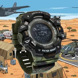 May include: A rugged digital wristwatch with a black bezel and a green camouflage patterned strap. The watch face features the text ACTIVA, WATER RESIST, and 1/100S CHRONO, displaying a digital time of 11:04 against a desert military base background.