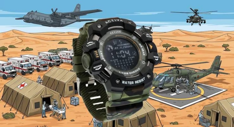 May include: A rugged digital wristwatch with a black bezel and a green camouflage patterned strap. The watch face features the text ACTIVA, WATER RESIST, and 1/100S CHRONO, displaying a digital time of 11:04 against a desert military base background.