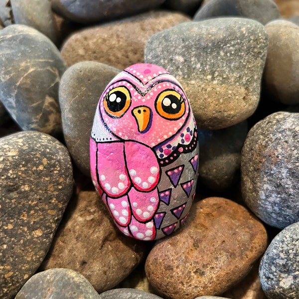 Pink and Silver Owl Painted Rock, Hand-painted, Garden Decor, Paperweight, Dot Art, Made in the USA, One-of-a-kind, Acrylic Paints