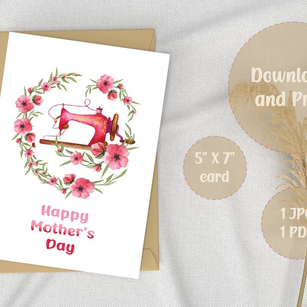 Printable Mother’s Day Card, Sewing Machine, Minimalist Card, Gift For Her, Vintage Card, Designer Card, Greeting Card, Downloadable