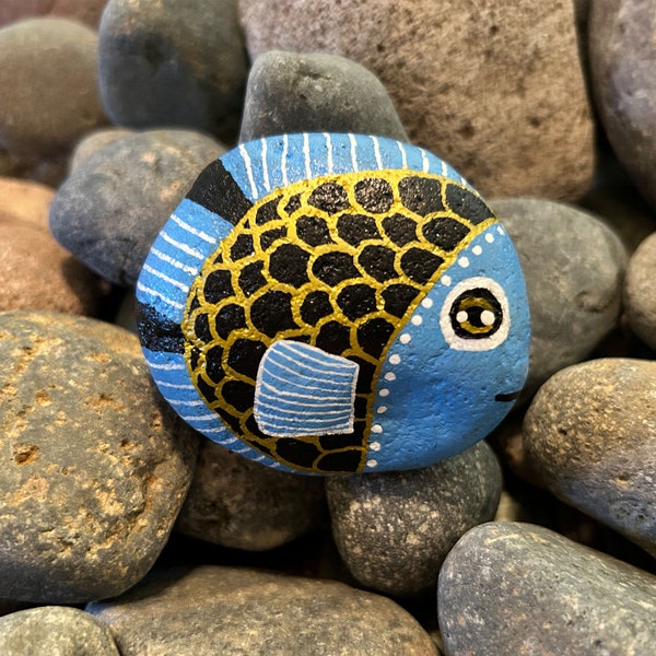 Blue Fish Painted Rock, Hand-painted, Garden Decor, Paperweight, Painted Stone, Dot Art, Made in the USA, One-of-a-kind, Acrylic Paints