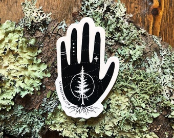 Pegatina de vinilo de mano mágica: mano tatuada, pino