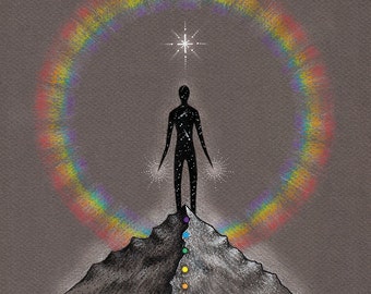 Impresión artística de expansión: Montaña de chakras, aura arcoíris (8x10)
