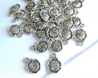 20pcs Mini Rose Double Sided Flower Charms/Antique Silver 3D Rose Charm/Floral Charms Antique Silver Tone 10x13mm/Double Sided Charm