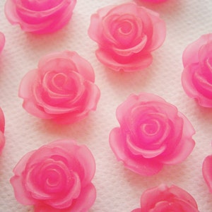 6 Large Frosted Pink Resin Rose Cabochons.