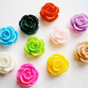 10 Resin Rose/Flower 13mm Mixed Color with Silver Powder Cabochons.