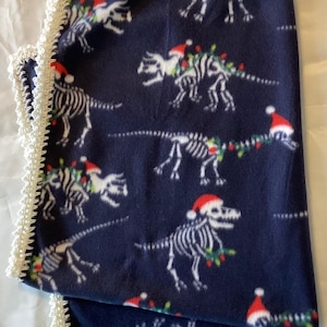 Fleece and Crocheted Blanket featuring Christmas Dinosaur Fossils!