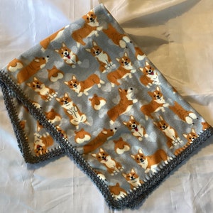 Fleece and Crocheted Blanket featuring Corgis!
