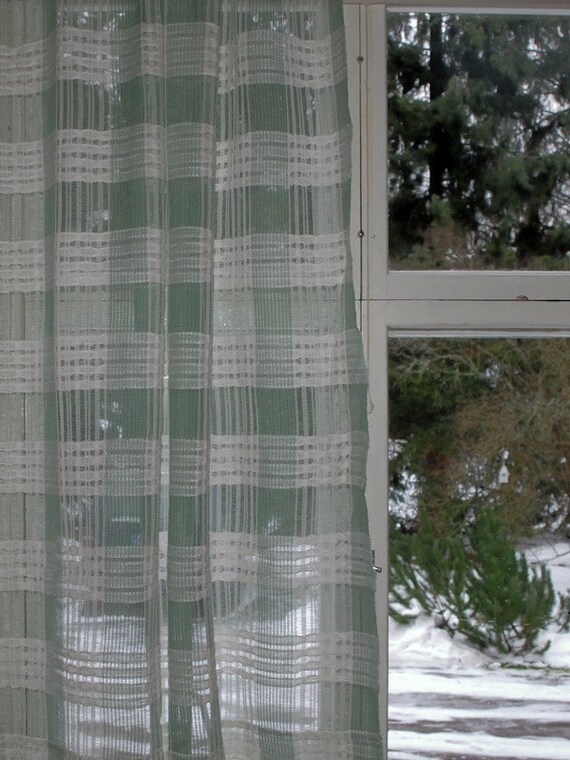 70's light green/white translucent curtains, two p