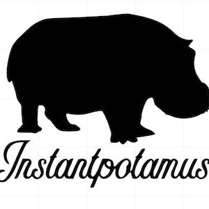 May include: Black silhouette of a hippopotamus with the text "Instantpotamus" below it.