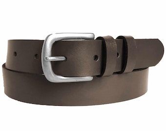 Cinturón de piel auténtica marrón hecho a mano para mujer y hombre con hebilla de latón niquelado (color plata). 100% piel auténtica. 30 mm (1,125") de ancho.