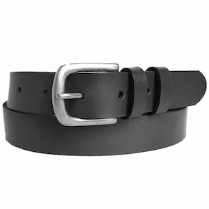 May include: A black leather belt with a silver buckle. The belt is folded in half and the buckle is in the centre of the image.