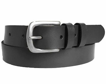 Cinturón de piel negra para mujer y hombre. Ancho de 30 mm. Fabricado a mano en el Reino Unido con piel auténtica al 100 % y hebilla de latón macizo niquelado de primera calidad.