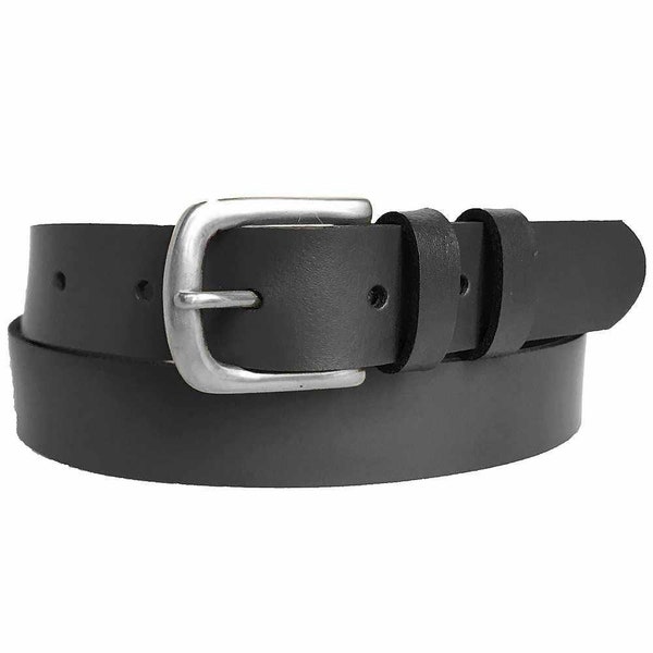 Black Leather belt for Women and Men. 30mm Wide. Handmade in UK using 100% real leather with top quality Spanish made silver buckle.
