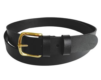 Black Leather Belt Gold Buckle - 1 1/2