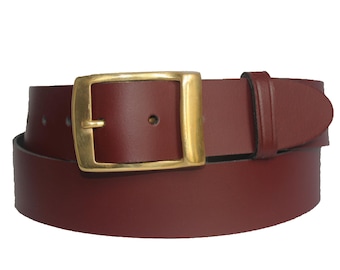 Oxblood wine burgundy leather jeans belt for women & men. 38mm (1.5") wide. Handmade in UK using 100% real leather with solid brass buckle.