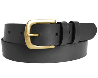 Cinturón de cuero negro para mujer y hombre. 30 mm (1 1/8") de ancho. Fabricado a mano en el Reino Unido con cuero 100 % genuino y hebilla de latón macizo de calidad.