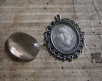 1 support 30 / 40mm oval Locket 30/40mmargent aged with 1 cabochon 30 / 40mm
