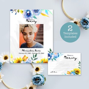 Plantilla para compartir una tarjeta de memoria y un cartel con flores silvestres, FÁCIL DE EDITAR, tarjeta de homenaje personalizada para el servicio conmemorativo con girasoles, para el funeral