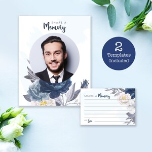 Plantilla para compartir una tarjeta de recuerdo y un cartel para el funeral de un hombre, personalizada, fácil de editar, para imprimir y descargar. Tarjetas de homenaje para el servicio conmemorativo