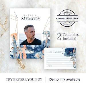 Letrero para compartir un recuerdo. Tarjetas de homenaje personalizadas para pesca en alta mar. Plantilla imprimible de recuerdo funerario conmemorativo del océano y el golfo. Fácil de editar
