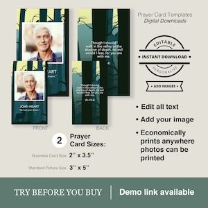 May include: Editable prayer card template with a forest background. The front of the card features a photo placeholder and the text "John Heart" and "Go hunt your dream". The back of the card features a forest background with the text "Though I should walk in the valley of the shadow of death, no evil would I fear, for you are with me. (Ps 23:4)". The card is available in two sizes: 2" x 3.5" and 3" x 5".