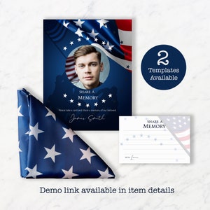 May include: Two printable templates for memorial cards featuring a folded American flag design with a photo placeholder and the text "Share a Memory". The text "Please take a card and share a memory of our beloved" is included below the photo placeholder. The name "James Smith" is written in cursive below the text. The second template is a smaller card with the text "Share a Memory" and a line for writing a memory.