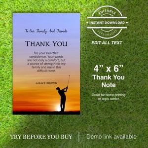 Biglietto di ringraziamento per funerale stampabile Silhouette di un golfista al tramonto Campo da golf Celebrazione della vita di un giocatore sportivo Servizio commemorativo modificabile