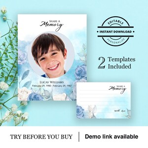 Tarjetas de homenaje conmemorativas imprimibles para niños con flores de acuarela de color azul claro y rosas y hortensias para compartir recuerdos