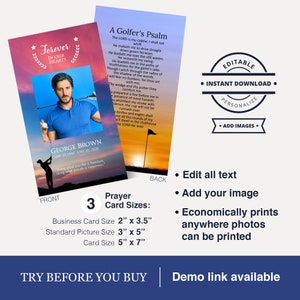 À la mémoire d'un golfeur silhouette au coucher du soleil sur un terrain de golf, joueur de sport, forme physique, modèle imprimable de carte de prière pour les funérailles, facile à modifier