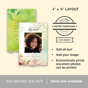Célébration de la vie imprimable fleurs roses hortensia rose fond vert carte de prière funéraire modifiable avec photo d'enfant personnalisée