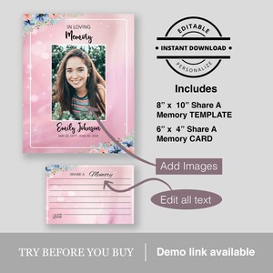 Modèle de carte commémorative « Partagez un souvenir » imprimable à la mémoire d'un être cher rose doré rose poudré printanier facile à modifier