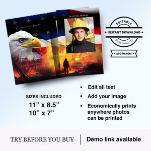 May include: Editable funeral memorial template featuring a firefighter in uniform against an American flag backdrop. The template includes the text "In Loving Memory", "James Smith", and "April 15, 2010 - January 23, 2010". The template is available in two sizes: 11 inches by 8.5 inches and 10 inches by 7 inches.