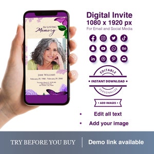 Electronic Memorial Invitation Celebration of Life Mobile Funeral Announcement Cell Phone Smartphone Invite Easy to Edit Online Template