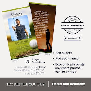 Serviço memorial de golfe personalizado para impressão, comemorando a vida de um jogador de golfe, jogador de clube de bola de golfe em campo, cartão de oração fúnebre editável