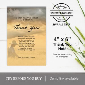 Celebration of Life Easy to Edit Farmer Funeral Thank You Card Farm Animals Green Farmland Landscape Printable Memorial Service Downloads