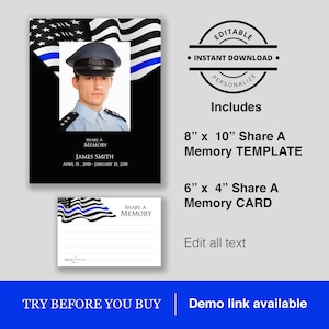 May include: Editable template for a memorial card featuring a black and white American flag with a blue line, a photo of a police officer, and the text "Share a Memory". The template includes an 8x10 inch share a memory template and a 6x4 inch share a memory card.