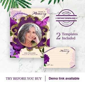 Plantilla imprimible de tarjeta con letrero para compartir un recuerdo. Recuerdo conmemorativo de funeral. Tarjetas de homenaje con mariposas moradas. Celebración de la vida por el duelo