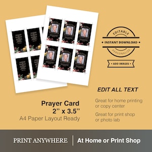 Editable Funeral Prayer Card Custom Text Quotes Spring Theme Floral Colorful Flowers on a Black Printable Memorial Obituary Card Template