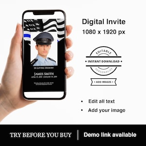 Inviti elettronici per funerali stampabili in amorevole ricordo di un agente di polizia Modello commemorativo Bandiera USA Linea blu sottile E-mail digitale per dispositivi mobili Testo