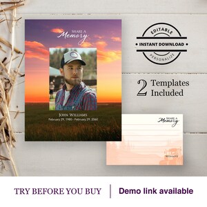May include: Editable template for a memorial card with a sunset background and a photo of a man. The text reads "Share a Memory" and "John Williams, February 29, 1980 - February 29, 2060".