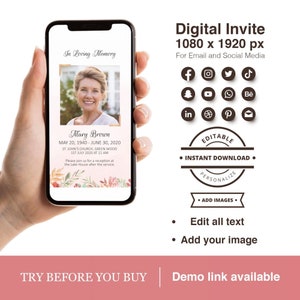May include: A digital memorial invitation template for a funeral service. The template features a photo of a woman, the text "In Loving Memory", and the name "Mary Brown". The template is designed for use on social media and email. The text "Editable, Instant Download, Personalize, Add Images, Edit all text, Add your image" is also included.