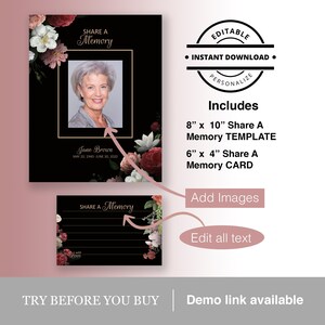 Plantilla de obituario negra editable para compartir recuerdos de funerales con flores de primavera coloridas Tarjetas de homenaje conmemorativas imprimibles y personalizadas