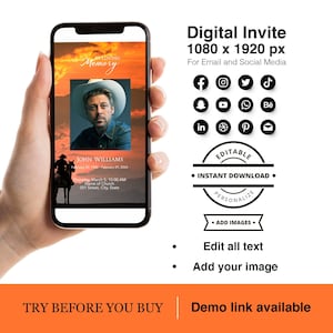 Celebration of Life Cowboy Photo Hat Horse Riding at Sunset Animal Herder Printable Editable Digital Funeral Electronic Invites Mobile Email