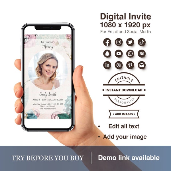 Digital Memorial Service Invitation, EASY TO EDIT Celebration of Life, Cell Phone Obituary Announcement Electronic Smartphone Funeral Invite