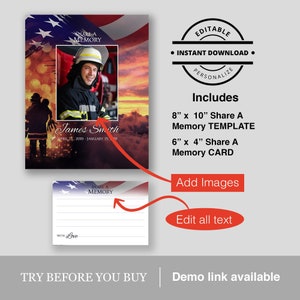 Easy to Edit Printable Funeral Share a Memory Set Custom Photo Text Veteran Patriot Fireman Firefighter Rescuer US Flag Memorial Services